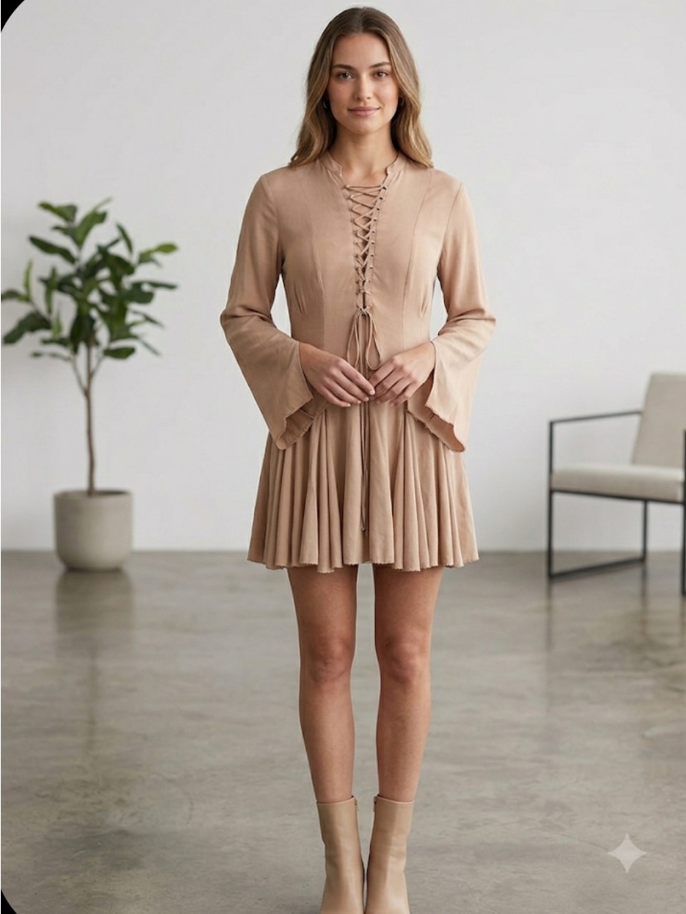 Lace-Up Bell Sleeve Mini Dress in Tan